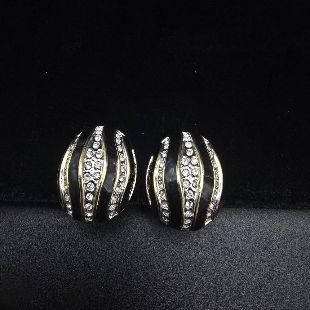 Rhinestone Zebra Strip Clip On Earrings Black Enamel Glam Costume Jewelry